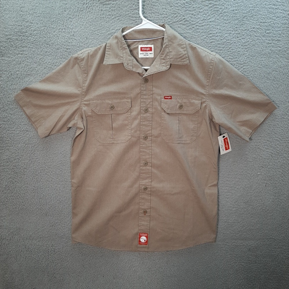 Wrangler Shirt Adult Small Tan Khaki Outdoors Workwear Barn Chore Stretch NEW